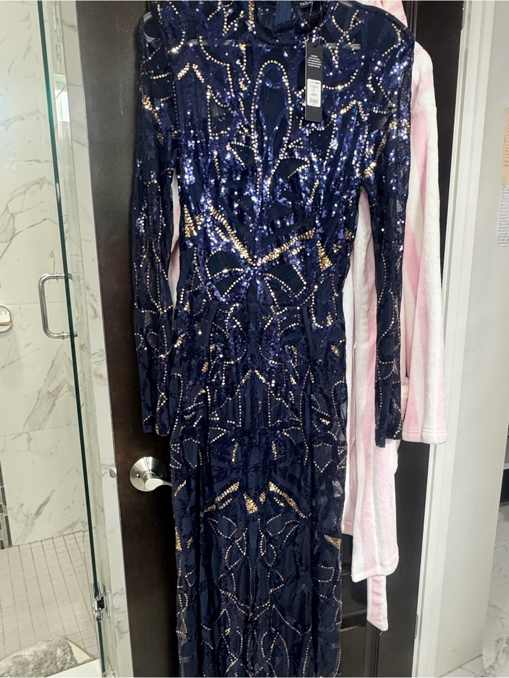 Navy Sequin Maxi Dress - Elegant Long-Sleeve Evening Gown - Picture 5 of 6